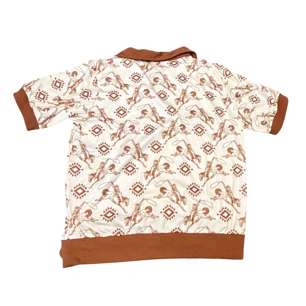 Howdy Hanny Western Rodeo Cowboy Print Polo Top Brown White XL Ranch Girl Dreams - Picture 3 of 12